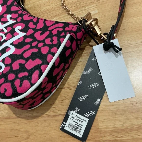 NEW Von Dutch HOT Pink Cheetah Print Shoulder Bag Detachable Chain Wrench Charm - Picture 7 of 11